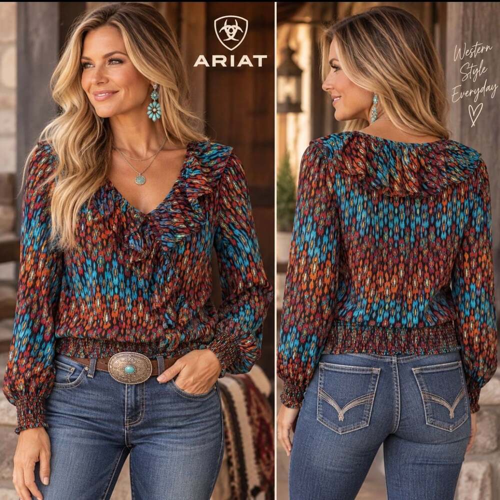Ariat Women’s M Ruffle Blouse Southwestern Aztec Print Smocked Waist Western